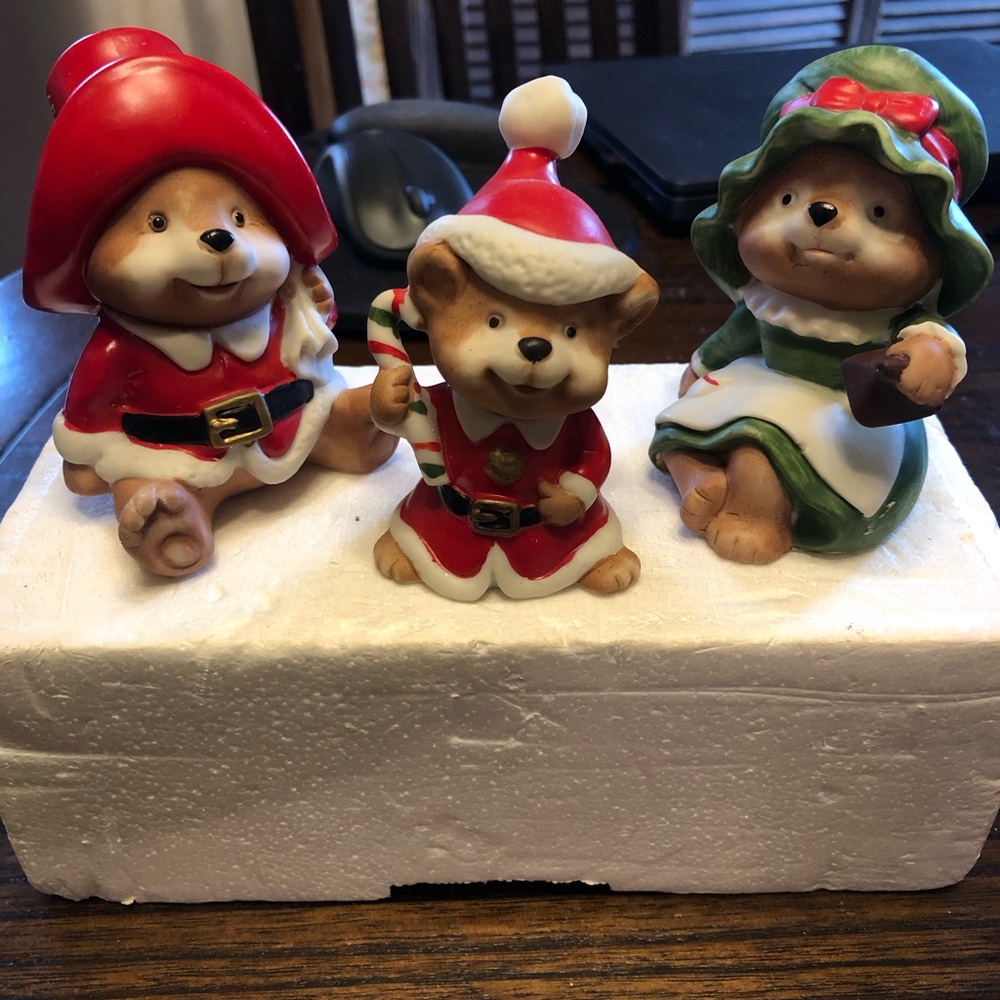 Homco Red and Green Holiday Bear Figurine Trio